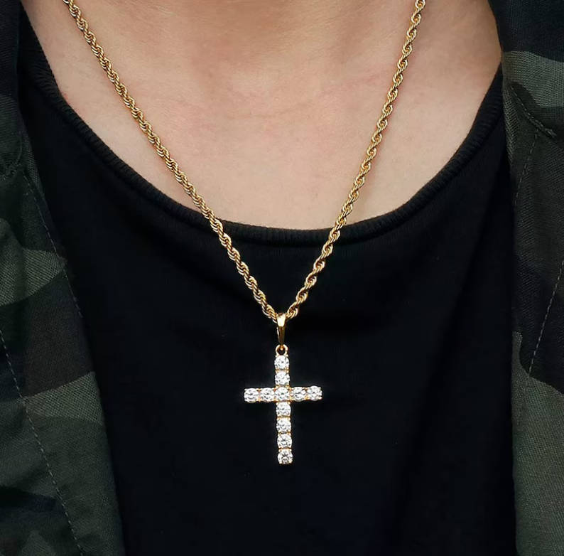 Iced Diamond Tennis Cross Pendant Necklace with 3mm / Solid 925 Silver Rope Chain | Men's Hip Hop Jewelry | Christian Christ