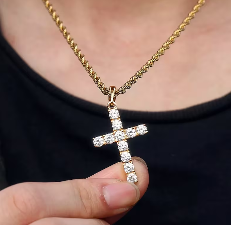 Iced Diamond Tennis Cross Pendant Necklace with 3mm / Solid 925 Silver Rope Chain | Men's Hip Hop Jewelry | Christian Christ