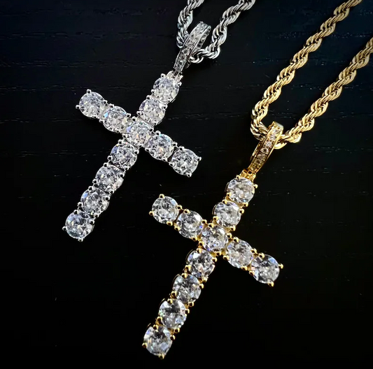 Iced Diamond Tennis Cross Pendant Necklace with 3mm / Solid 925 Silver Rope Chain | Men's Hip Hop Jewelry | Christian Christ